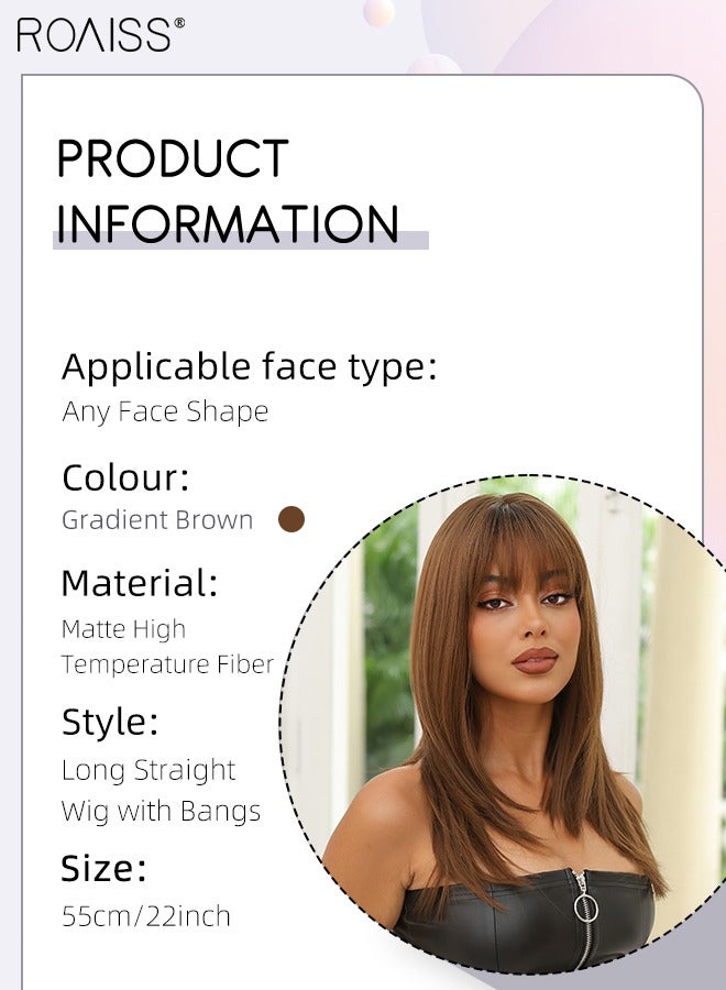 رويس باروكة شعر طويل مستقيم مع غرة للنساء، شعر مستعار صناعي ناعم طبيعي مقاوم للحرارة لحفلات الزفاف والتنكر والارتداء اليومي، بني متدرج، 55 سم (22 بوصة) - Image 3