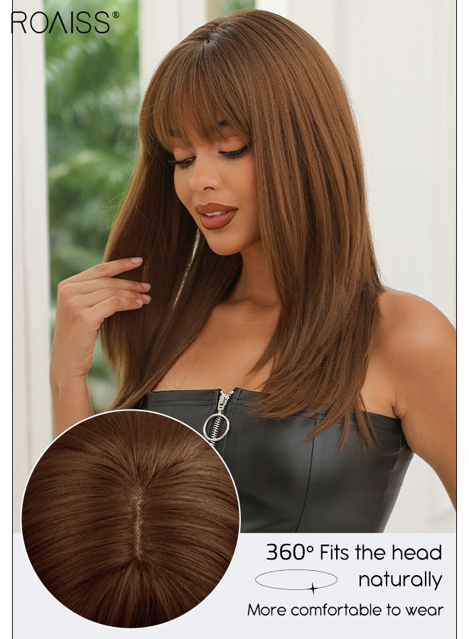 رويس باروكة شعر طويل مستقيم مع غرة للنساء، شعر مستعار صناعي ناعم طبيعي مقاوم للحرارة لحفلات الزفاف والتنكر والارتداء اليومي، بني متدرج، 55 سم (22 بوصة) - Image 4