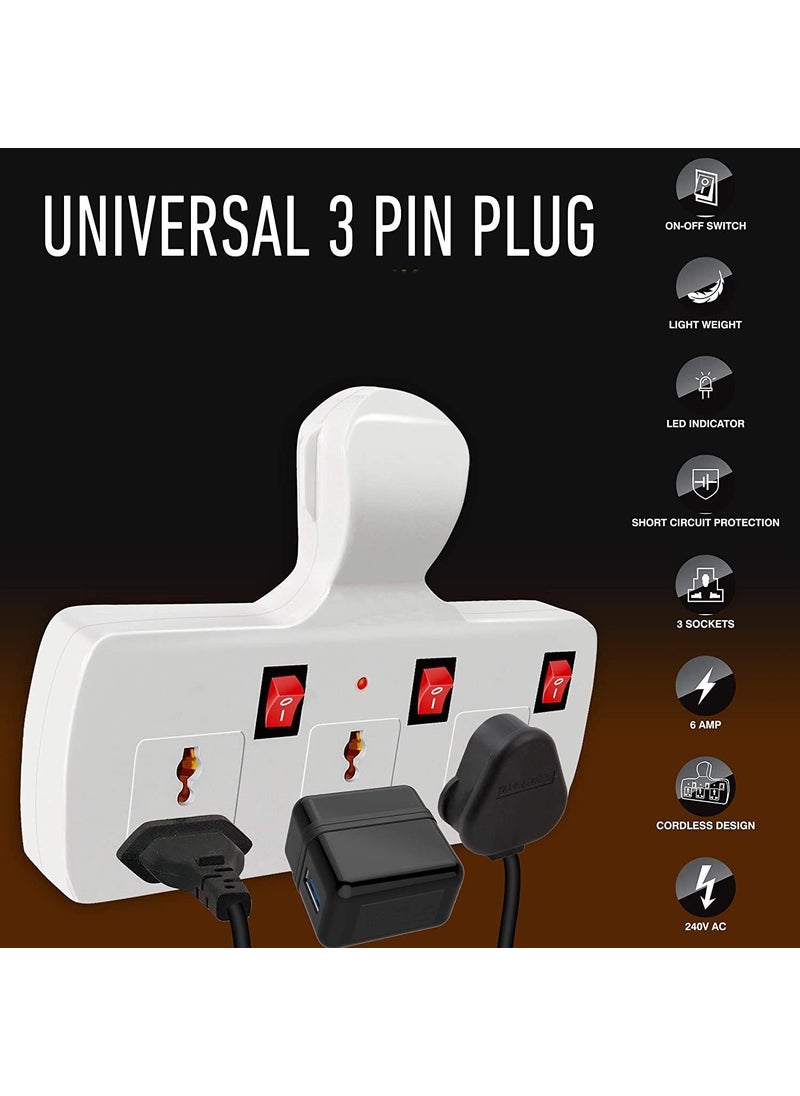 Seaspirit SEASPIRIT 3 PIN Multi Plug with Indicator White and Black,3 Way Switched Adaptor, Universal Plug USB Travel Adaptor (172 White)  - Image 4