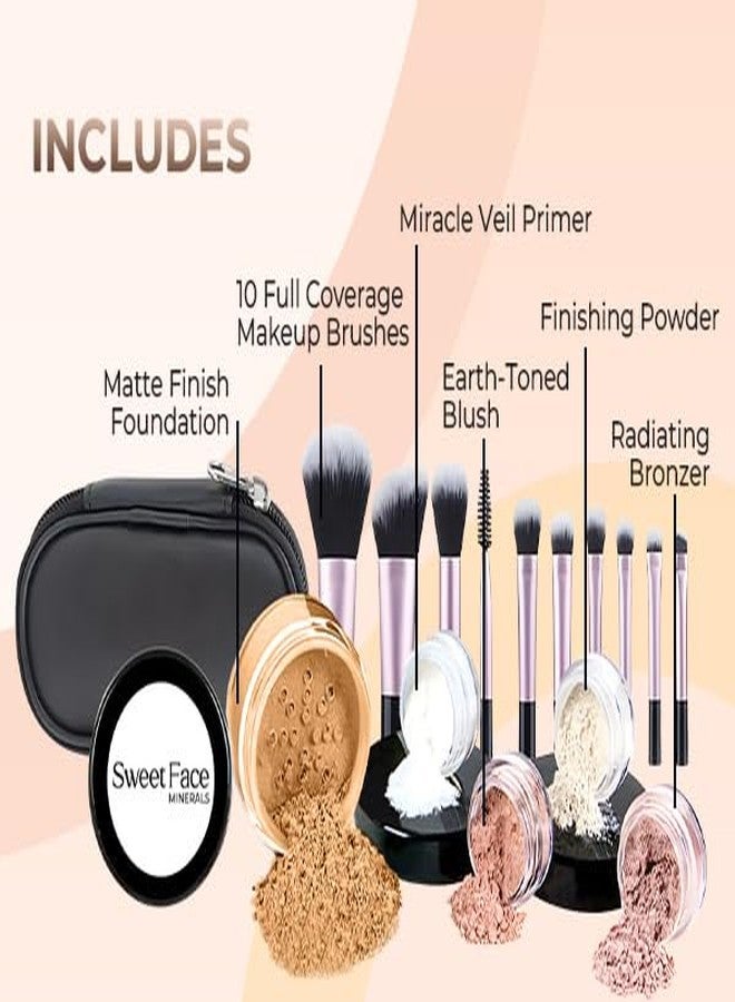 Sweet Face Minerals 16pc Beginner Mineral Makeup STARTER KIT with 10 BRUSHES(5gm) Sample Size Foundation, Primer, Blush, Bronzer, Setting Powder for Learning, Occasional Use,First Time Users, Travel Size Kit(Deep Tan) - Image 2