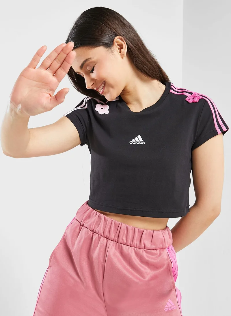 Adidas 3 Stripe Flower Print Cropped T-Shirt