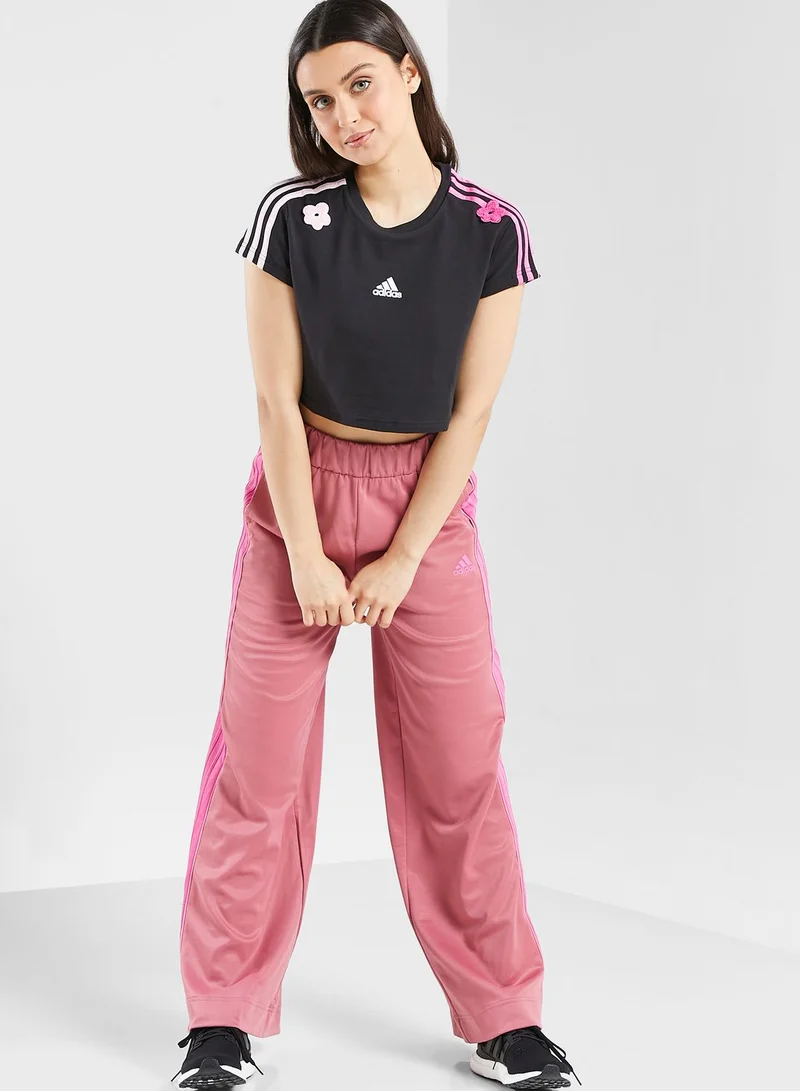 Adidas 3 Stripe Flower Print Cropped T-Shirt