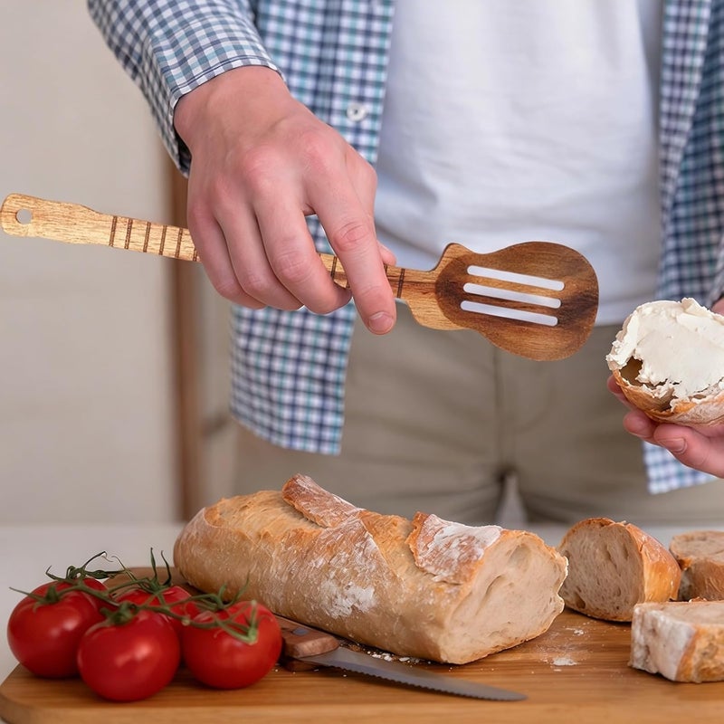 مجموعة أدوات مطبخ على شكل غيتار من 5 قطع، ملاعق خشب الأكاشيا مقاس 12 بوصة، وملاعق مسطحة وشوكة بتصميم منقوش، هدايا موسيقية للعازفين على الغيتار - Image 3