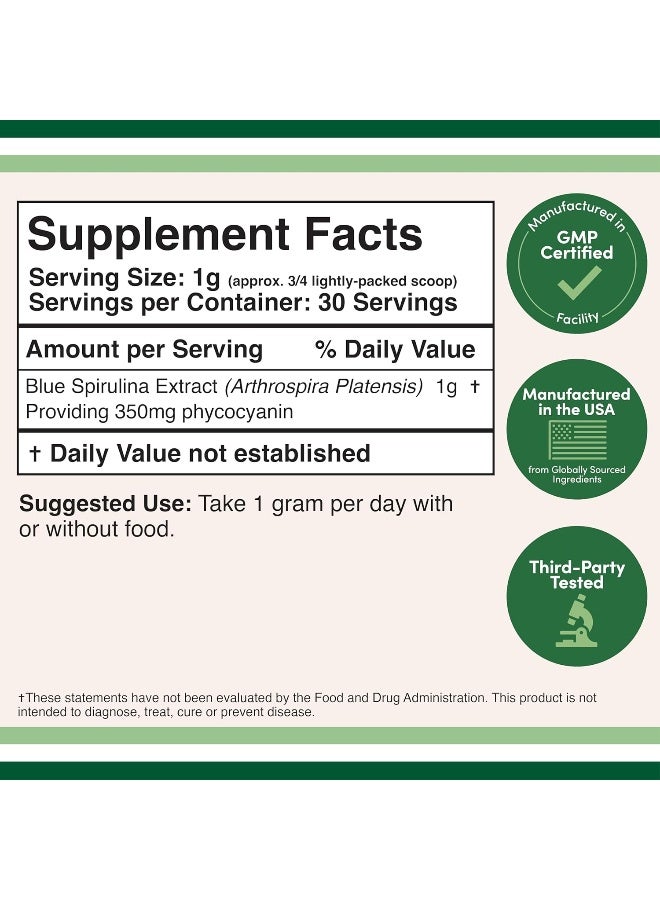 Double Wood Supplements Blue Spirulina Powder - Maximum 35% Phycocyanin Content, Superfood Powder from Blue-Green Algae, Mixes into Smoothies and Protein Drinks, Natural Food Coloring (One Month Supply) - Image 2