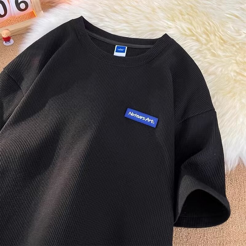 2024 Round Neck Short-Sleeved T-Shirt Wafflet Fashionable Loose T-Shirt Fashionable Brand Small Blue Label Pattern - Image 1
