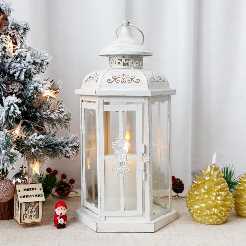 JHY DESIGN Rustic Decorative Lanterns 12" H Medium Candle Lantern Vintage Metal Candle Holder for Indoor Outdoor, Events, Parities, Patio and Wedding(White with Gold Brush) - Image 2