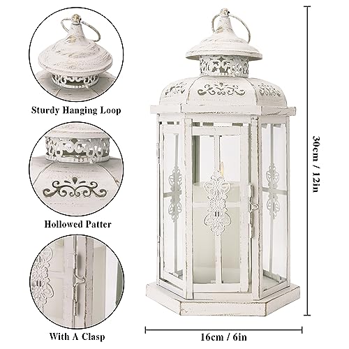 JHY DESIGN Rustic Decorative Lanterns 12" H Medium Candle Lantern Vintage Metal Candle Holder for Indoor Outdoor, Events, Parities, Patio and Wedding(White with Gold Brush) - Image 4