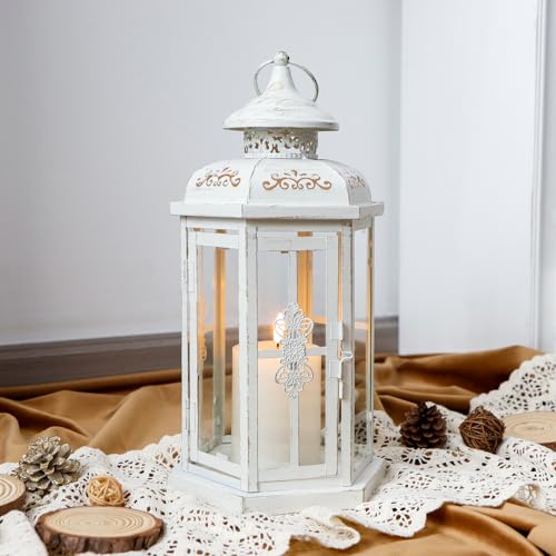 JHY DESIGN Rustic Decorative Lanterns 12" H Medium Candle Lantern Vintage Metal Candle Holder for Indoor Outdoor, Events, Parities, Patio and Wedding(White with Gold Brush) - Image 1