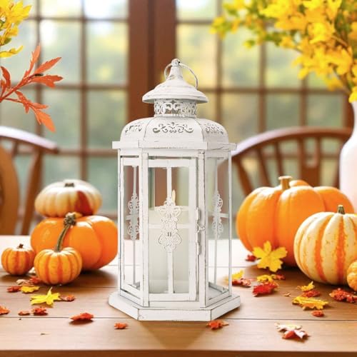 JHY DESIGN Rustic Decorative Lanterns 12" H Medium Candle Lantern Vintage Metal Candle Holder for Indoor Outdoor, Events, Parities, Patio and Wedding(White with Gold Brush) - Image 5