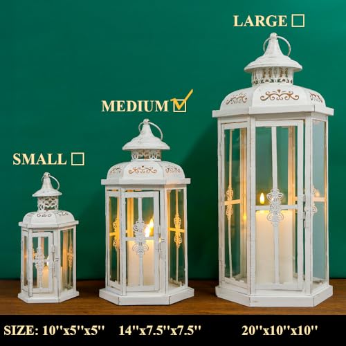 JHY DESIGN Rustic Decorative Lanterns 12" H Medium Candle Lantern Vintage Metal Candle Holder for Indoor Outdoor, Events, Parities, Patio and Wedding(White with Gold Brush) - Image 3