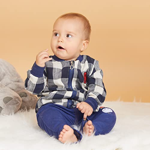 Bold N Elegant Kids Plaid Checkered Happy Face Print T-Shirt With Jacket & Pants 3 Piece Winter Clothing Set For Infant Toddler Baby Boy Girl (1-2 Years, White - Blue) (Cotton Blend) - Image 2