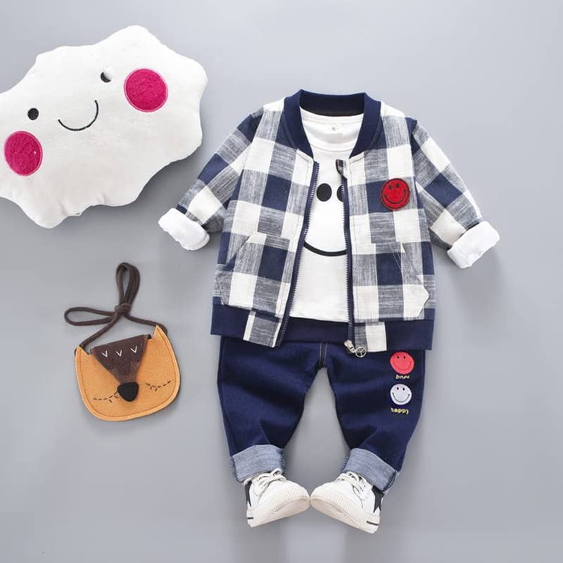 Bold N Elegant Kids Plaid Checkered Happy Face Print T-Shirt With Jacket & Pants 3 Piece Winter Clothing Set For Infant Toddler Baby Boy Girl (1-2 Years, White - Blue) (Cotton Blend) - Image 3