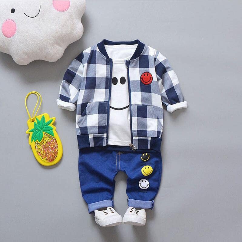 Bold N Elegant Kids Plaid Checkered Happy Face Print T-Shirt With Jacket & Pants 3 Piece Winter Clothing Set For Infant Toddler Baby Boy Girl (1-2 Years, White - Blue) (Cotton Blend) - Image 4