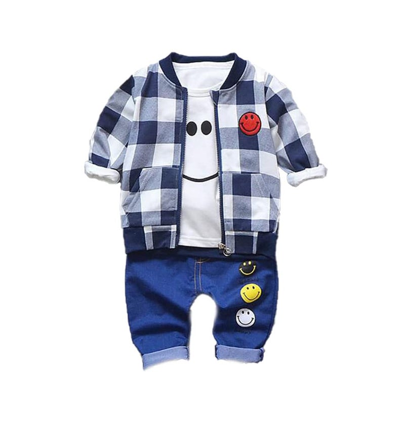 Bold N Elegant Kids Plaid Checkered Happy Face Print T-Shirt With Jacket & Pants 3 Piece Winter Clothing Set For Infant Toddler Baby Boy Girl (1-2 Years, White - Blue) (Cotton Blend) - Image 5