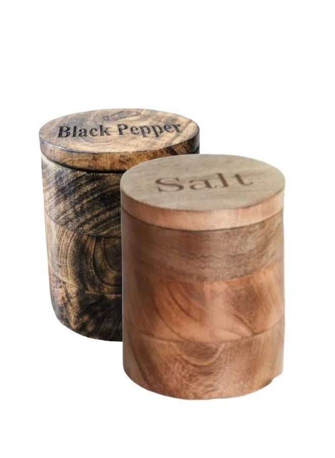 Eddika Rustic/Natural Wooden Salt and Pepper Container, Compact Round Lidded Spice Jar with Magnetic Lid and Wooden Spoon, 5 Inch
