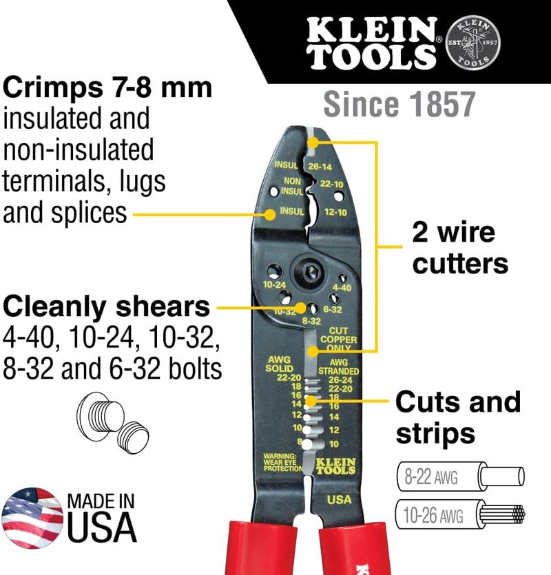 Klein Tools 1001 Multi Tool - Wire Stripper, Cutter, and Crimper for 8-22 AWG, 8.5-Inch Long, Made in USA - Image 2