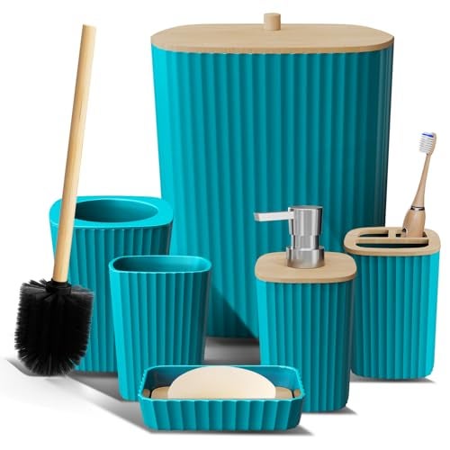 Clara Clark Bathroom Set Teal Bathroom Accessories Set 6PC Bathroom Accessory Set Bathroom Sets with Toilet Brush Trash Can Soap Dispenser - Image 1