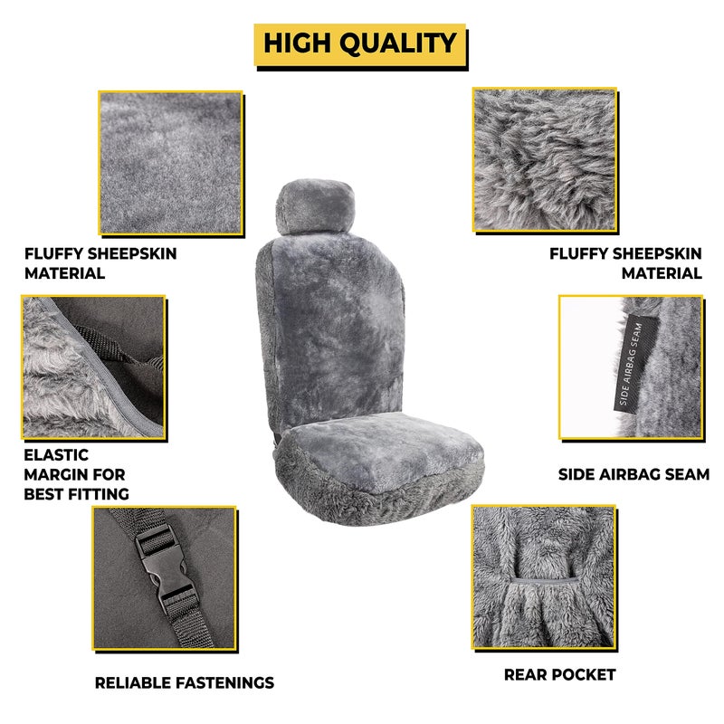 ZONETECH Sheepskin Seat Covers Fuzzy Car Seat Covers Grey Australian Merino Wool Fluffy Fur Auto Accessories All Season Protection for Your Seats Universal Fits Most Car SUV Airbag Compatible - Image 3