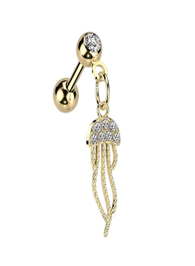 Pierced Owl 16GA 316L Stainless Steel CZ Crystal Paved Jellyfish Dangling Barbell (Gold Tone) - Image 1