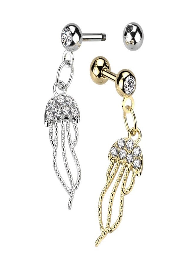 Pierced Owl 16GA 316L Stainless Steel CZ Crystal Paved Jellyfish Dangling Barbell (Gold Tone) - Image 3