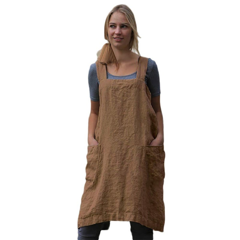 Larmliss Womens Pinafore Square Apron Baking Cooking Gardening Works Cross Back CottonLinen Blend Dress with 2 Pockets