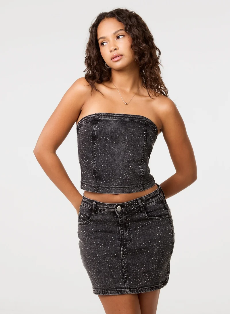 بينك فانيلا Diamante Denim Bandeau Top