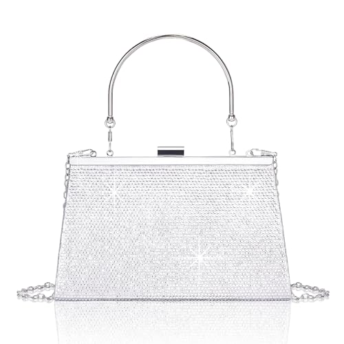 Larcenciel Women's Evening Handbags, Sparkly Top-Handle Rhinestone Purse w/Chain, Fashion Diamond Silver Clutch Cross Body Bag for Prom, Party, Wedding, Cocktail, Date, Formal Events,9.8x4.5x2.7inches - Image 1