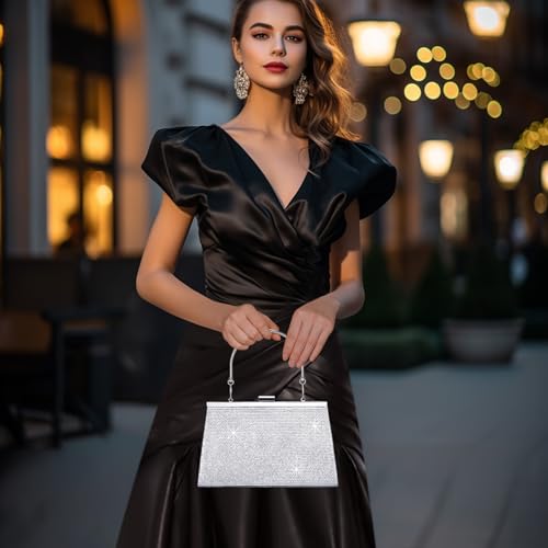 Larcenciel Women's Evening Handbags, Sparkly Top-Handle Rhinestone Purse w/Chain, Fashion Diamond Silver Clutch Cross Body Bag for Prom, Party, Wedding, Cocktail, Date, Formal Events,9.8x4.5x2.7inches - Image 2