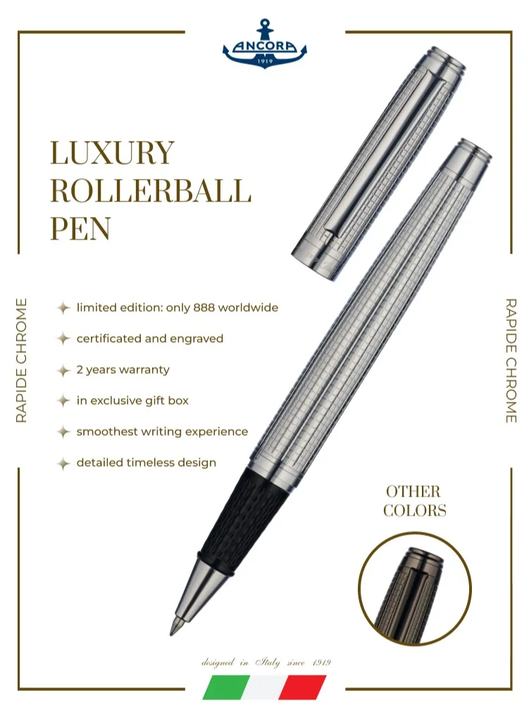 Ancora 1919 Rapide Chrome Limited 888 Edition Refillable Rollerball Pen - Engraved Luxury Pen - Leather Box - Gift for Men & Women - Blue Ink