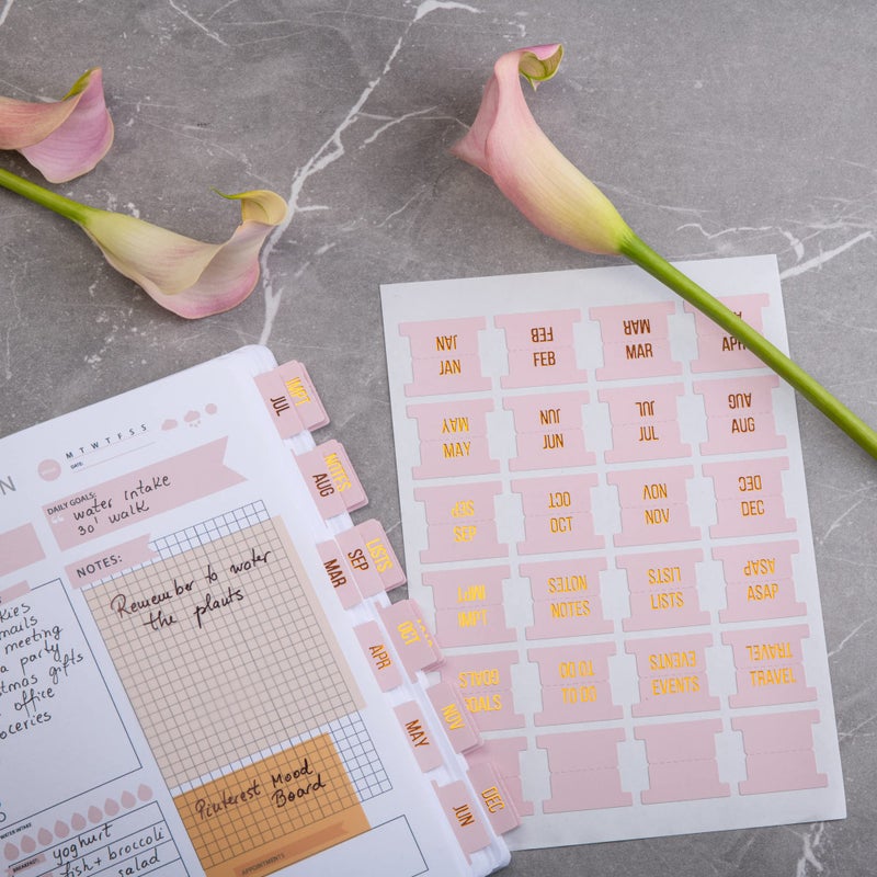 DiverseBee Gold Foil Planner 24 Peel and Stick Laminated Tabs for Notebooks, Calendar Tab Stickers and Monthly Dividers (Seasalt) - Image 3