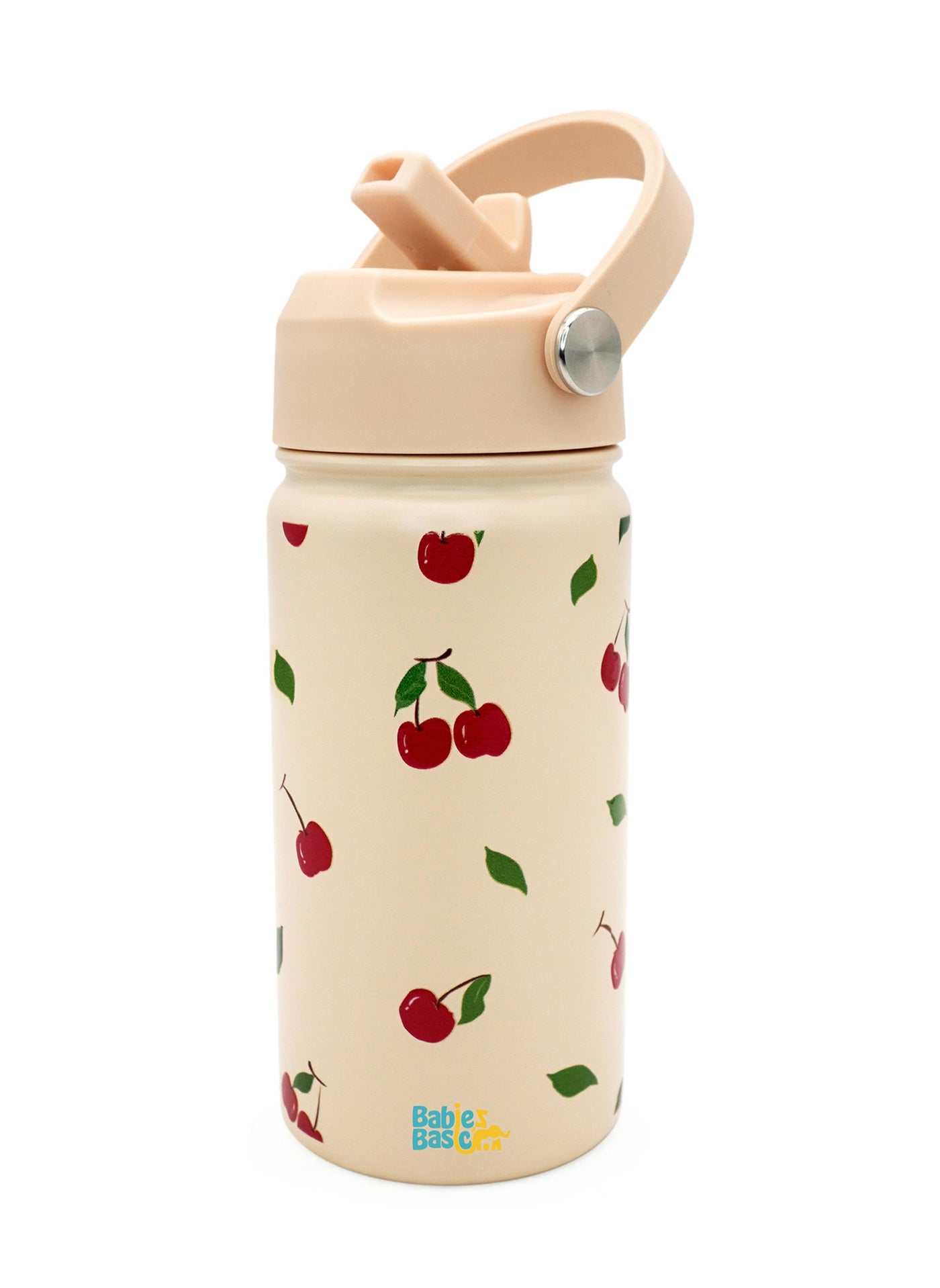 Babies Basic Kids Stainless Steel Water Bottle with Straw - 400ml – Double Wall Vacuum Insulated, Leakproof Thermal Flask, BPA-Free, Reusable Drinking Bottle for School & Travel - Fruit Themed - Beige