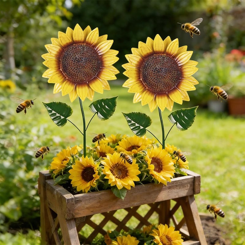 hogardeck Garden Decor for Outside, 2 Pack Sunflower Decorative Garden Stakes for Spring Outdoor Yard Decor, Metal Yard Art with Shaking Head for Garden Lawn Porch Decorations - Image 2
