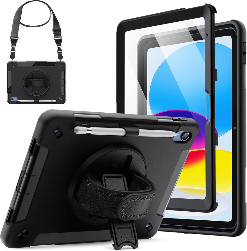 Jetech Case For Ipad 10 (10.9-Inch, 2022 Model, 10Th Generation) With Built-In Screen Protector, Protective Shockproof Rugged Tablet Cover, 360 Degree Rotating Hand Strap Stand (Black) - Image 1