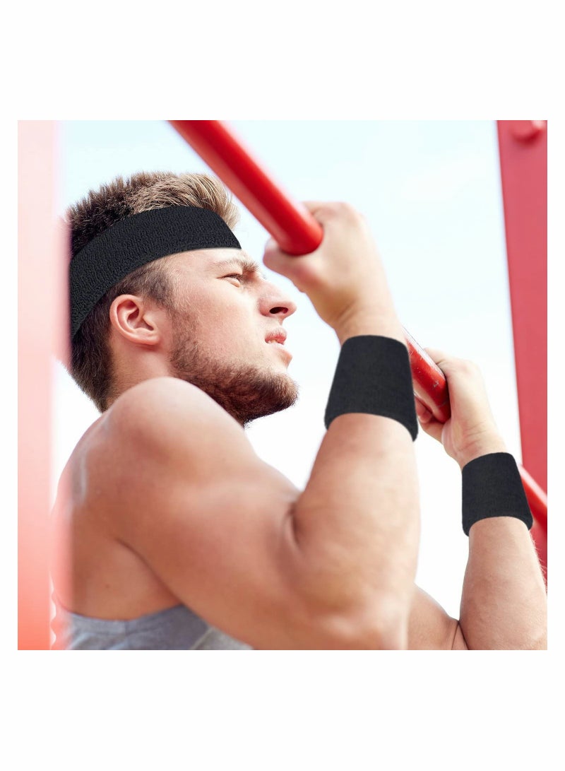 SOLARAE Sweatbands Set Includes Sports Headband and Wrist Sweatbands Cotton Striped Sweat Band for Athletic Men and Women, 2 x Sweatband headband, 4 x Sports wristbands - Image 2