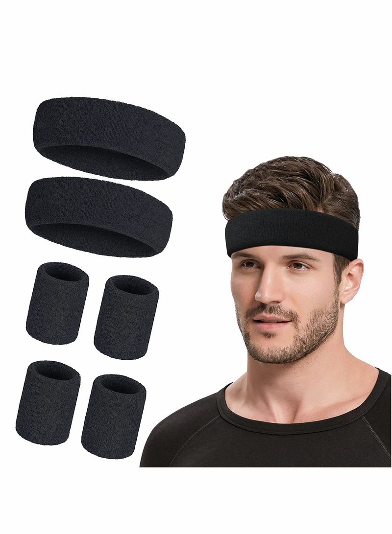 SOLARAE Sweatbands Set Includes Sports Headband and Wrist Sweatbands Cotton Striped Sweat Band for Athletic Men and Women, 2 x Sweatband headband, 4 x Sports wristbands - Image 1