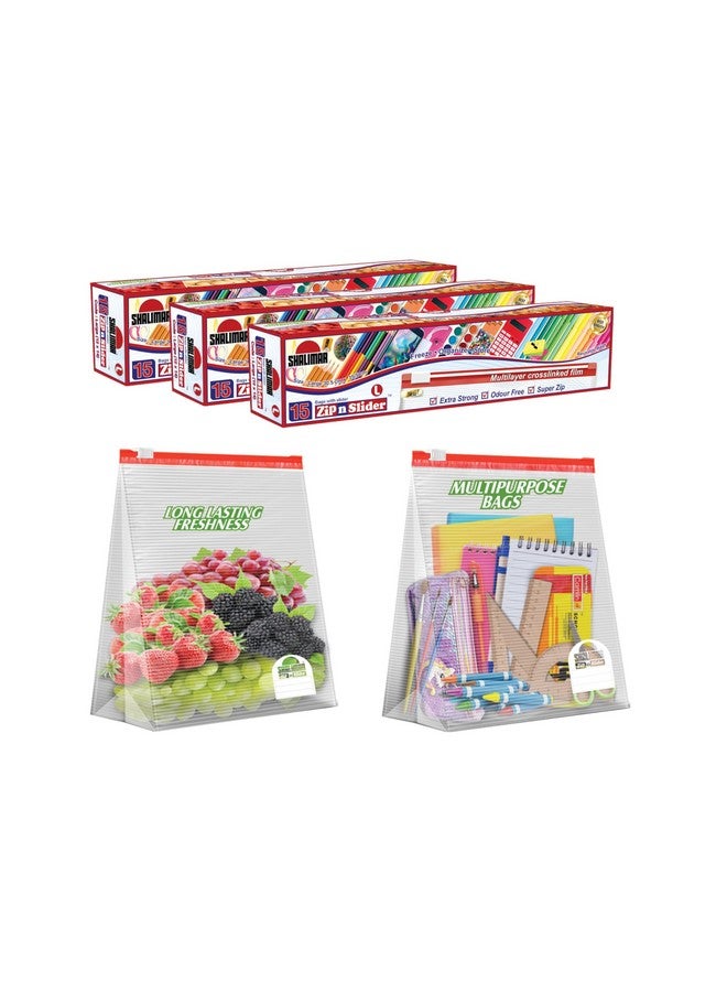 Shalimar Zip 'N' Slider Bag Size Large (30.5 CM X 35 CM) Zip Lock/Vegetable/Fridge/MultiPurpose Storage Bag Pack of - 3 (45 Bags) Reusable and Reclosable with Slider Lock - Image 1