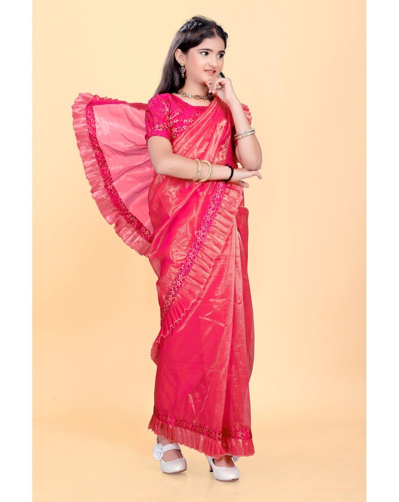Xavima Kid Girls Net fabric Ready To Wear Saree With Jacquard Unstitched Blouse_Gajari_Size : 9_10 Years - Image 4