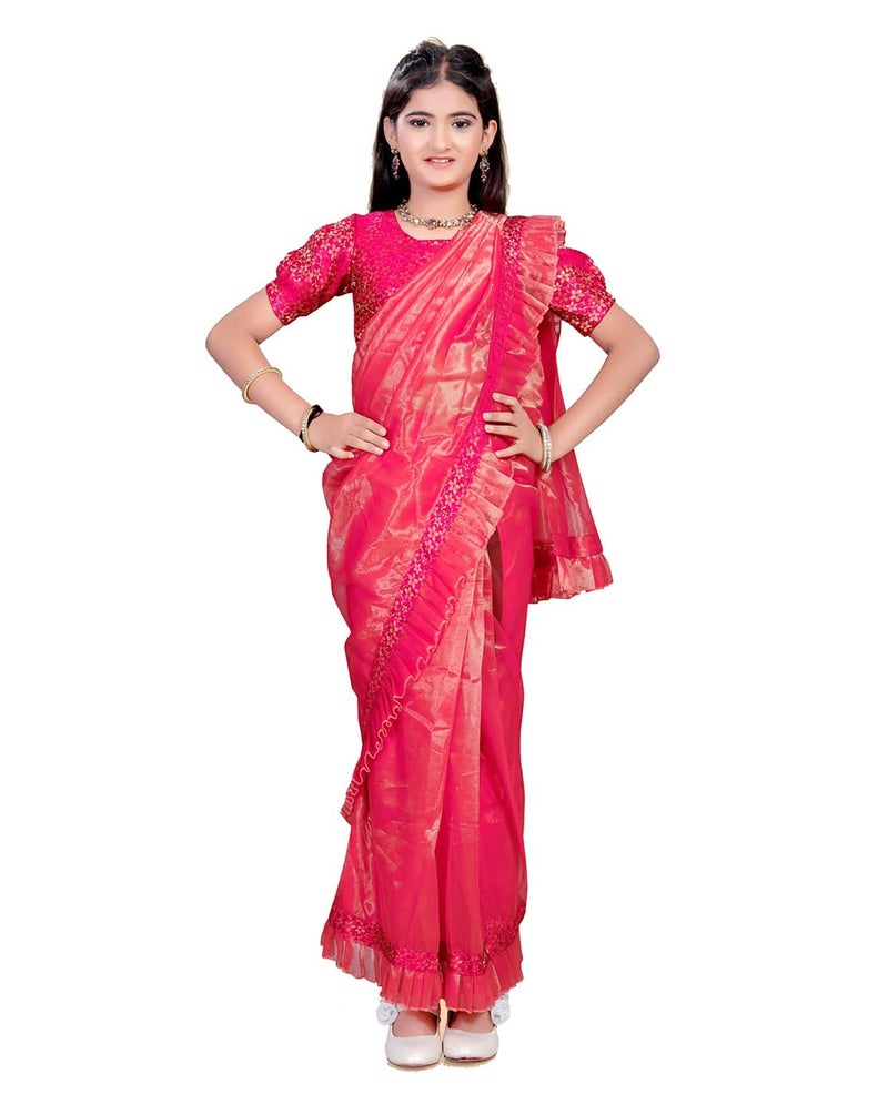 Xavima Kid Girls Net fabric Ready To Wear Saree With Jacquard Unstitched Blouse_Gajari_Size : 9_10 Years - Image 1
