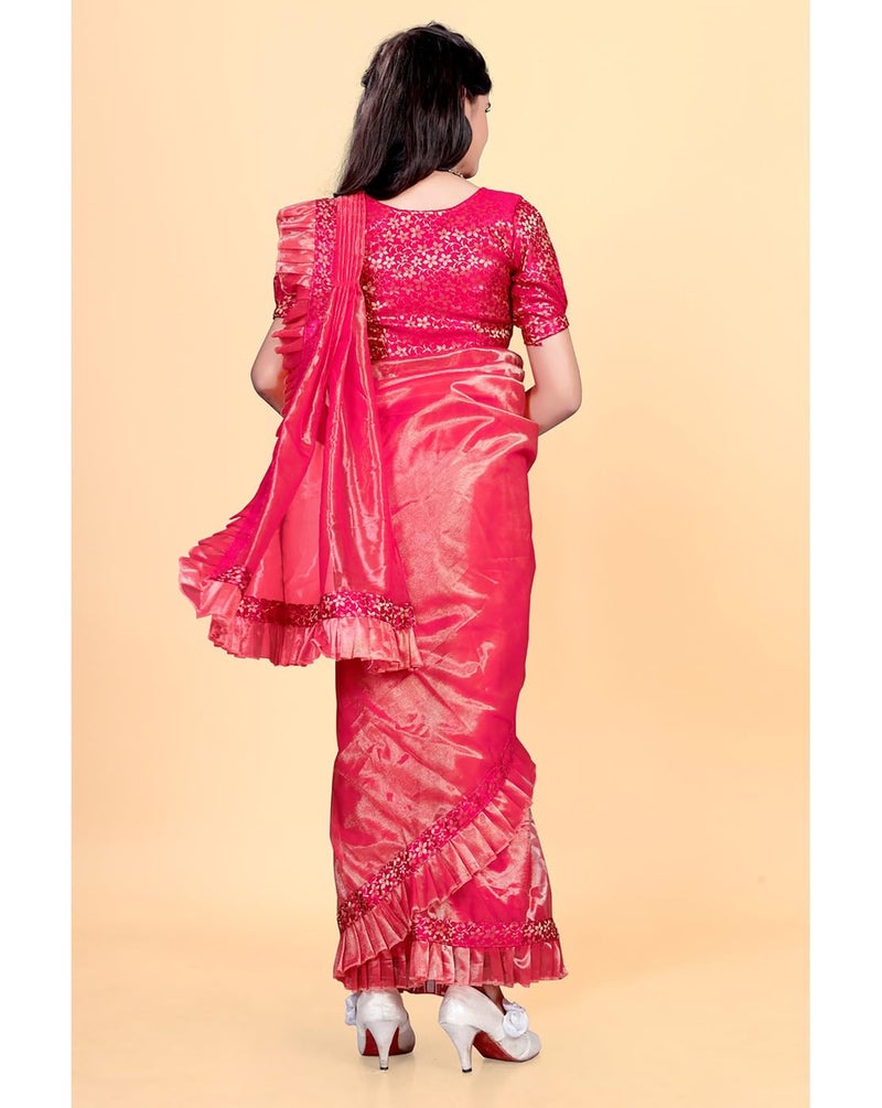 Xavima Kid Girls Net fabric Ready To Wear Saree With Jacquard Unstitched Blouse_Gajari_Size : 9_10 Years - Image 2