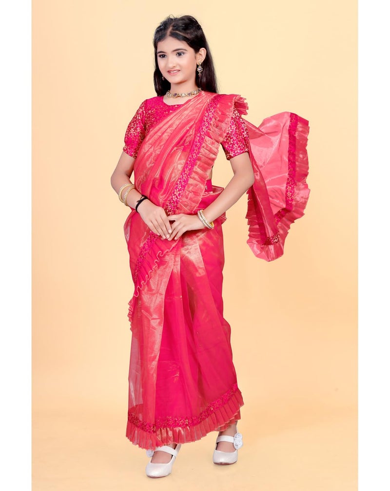 Xavima Kid Girls Net fabric Ready To Wear Saree With Jacquard Unstitched Blouse_Gajari_Size : 9_10 Years - Image 3