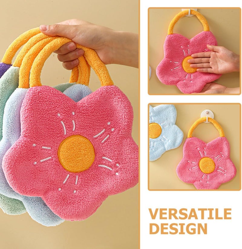 Coral Fleece Hanging Hand Towel Water Absorbent Cartoon Flower Design Kitchen Bathroom Washcloth Adult Use Rose Red - Image 3