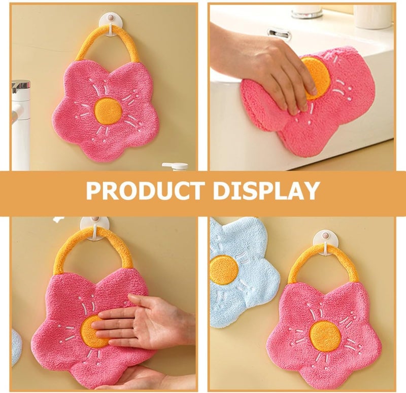 Coral Fleece Hanging Hand Towel Water Absorbent Cartoon Flower Design Kitchen Bathroom Washcloth Adult Use Rose Red - Image 4