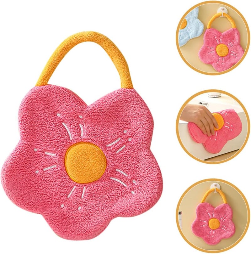 Coral Fleece Hanging Hand Towel Water Absorbent Cartoon Flower Design Kitchen Bathroom Washcloth Adult Use Rose Red - Image 5