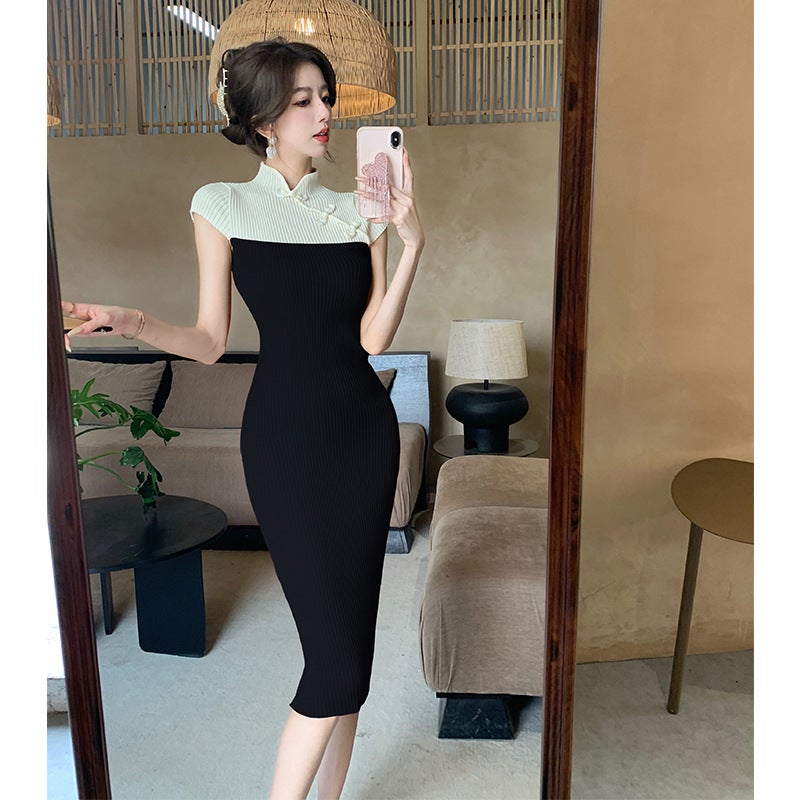 2024 summer Japanese Korean style womens clothing retro fashion national style color matching sweater dress mid-length knitted dress 6740 Black - Image 5