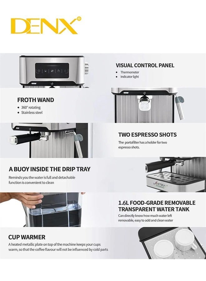 Denx Espresso Coffee Machine for Home, 1.6L Capacity, 850W Power, with Milk Frother, Cappuccino & Latte Maker, Equipped with Steamer, Metal Filter, and Temperature Indicator - Image 4