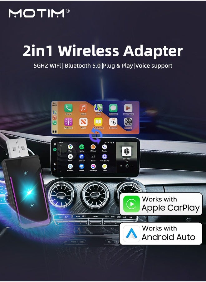 Motim - Wireless CarPlay Apple CarPlay & Android Auto Car Adapter, with Bluetooth/WiFi Plug and Play Converts Wired to Wireless for OEM Factory Wired Type-C/USB Adapter - Image 1