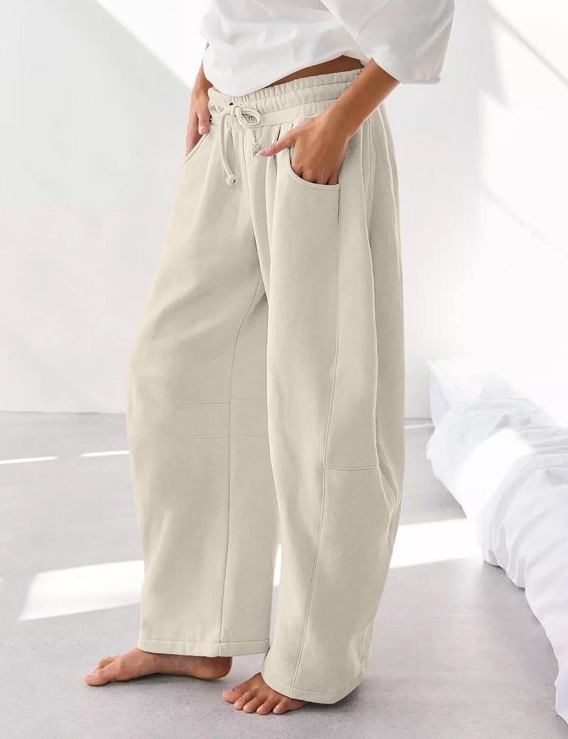 HeSaYep Women's Wide Leg Barrel Sweatpants Fleece Lined Baggy Sweat Pants Drawstring High Waisted Casual Pants Cotton Palazzo Trousers with Pockets Khaki L - Image 4