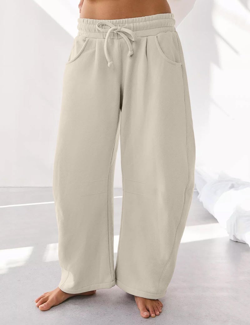 HeSaYep Women's Wide Leg Barrel Sweatpants Fleece Lined Baggy Sweat Pants Drawstring High Waisted Casual Pants Cotton Palazzo Trousers with Pockets Khaki L - Image 3