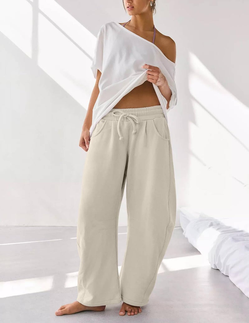 HeSaYep Women's Wide Leg Barrel Sweatpants Fleece Lined Baggy Sweat Pants Drawstring High Waisted Casual Pants Cotton Palazzo Trousers with Pockets Khaki L - Image 5