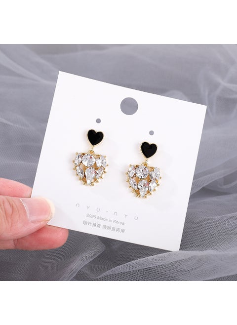 Black Heart Earrings Women Luxury High-end Fashion Classic Style Elegant Earrings Jewelry Geometric Shape Alloy White diamond on gold - silver needle